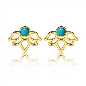Gold Tone Lotus Flower Ear Jacket Pierced Stud Earrings Turquoise Blue Color